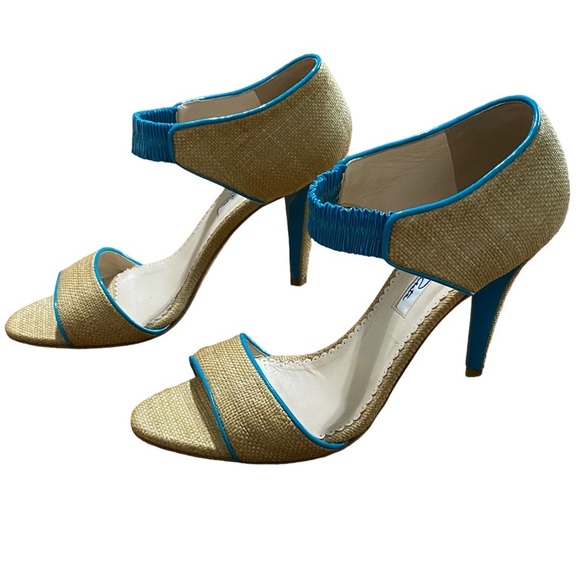 OSCAR DE LA RENTA - OPEN TOE BEIGE RAFFIA & TURQUOISE PATENT LEATHER - SZ 37 S8 - Picture 8 of 14